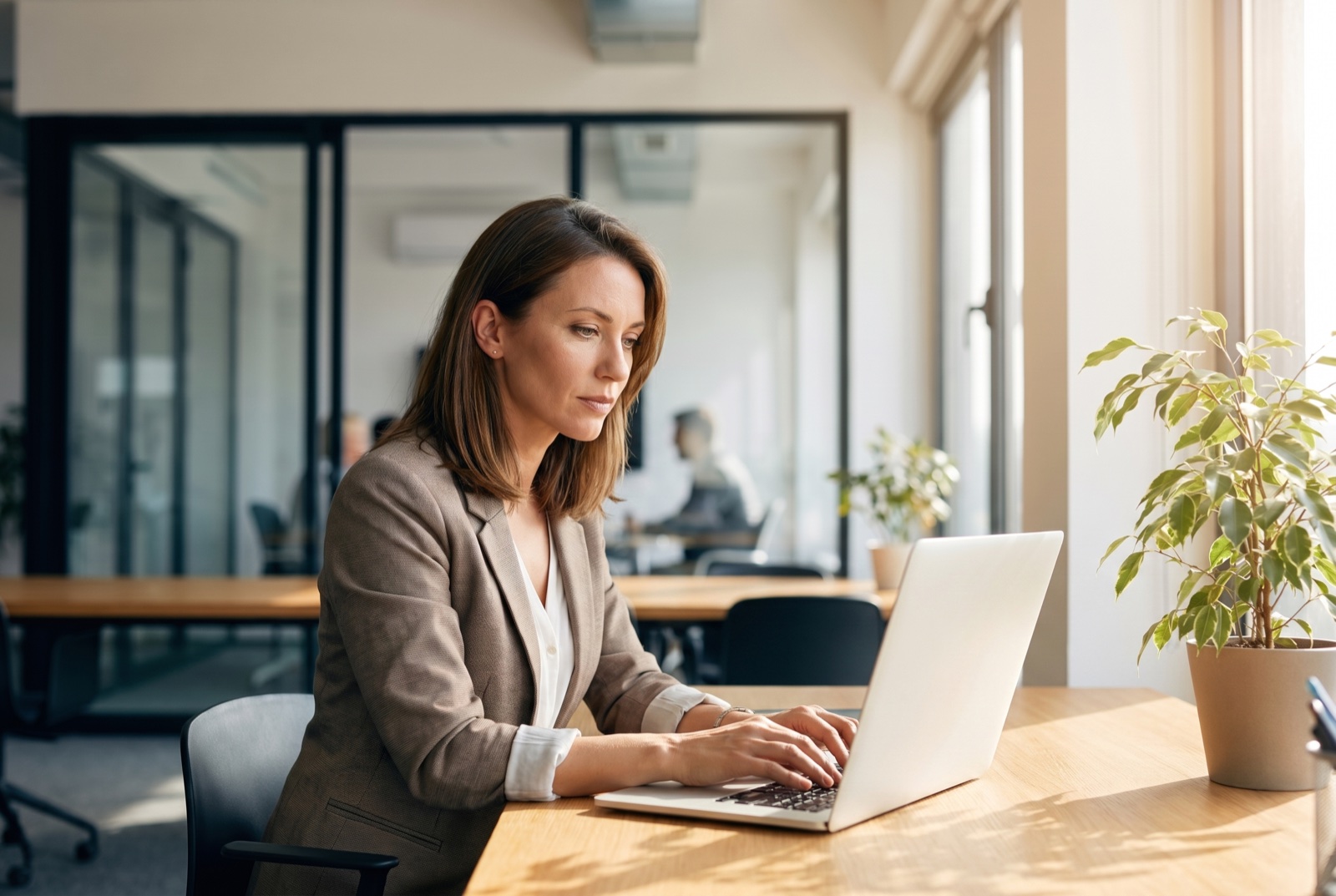 An L&D leader confidently reviewing training dashboards on a laptop in a bright open-plan office