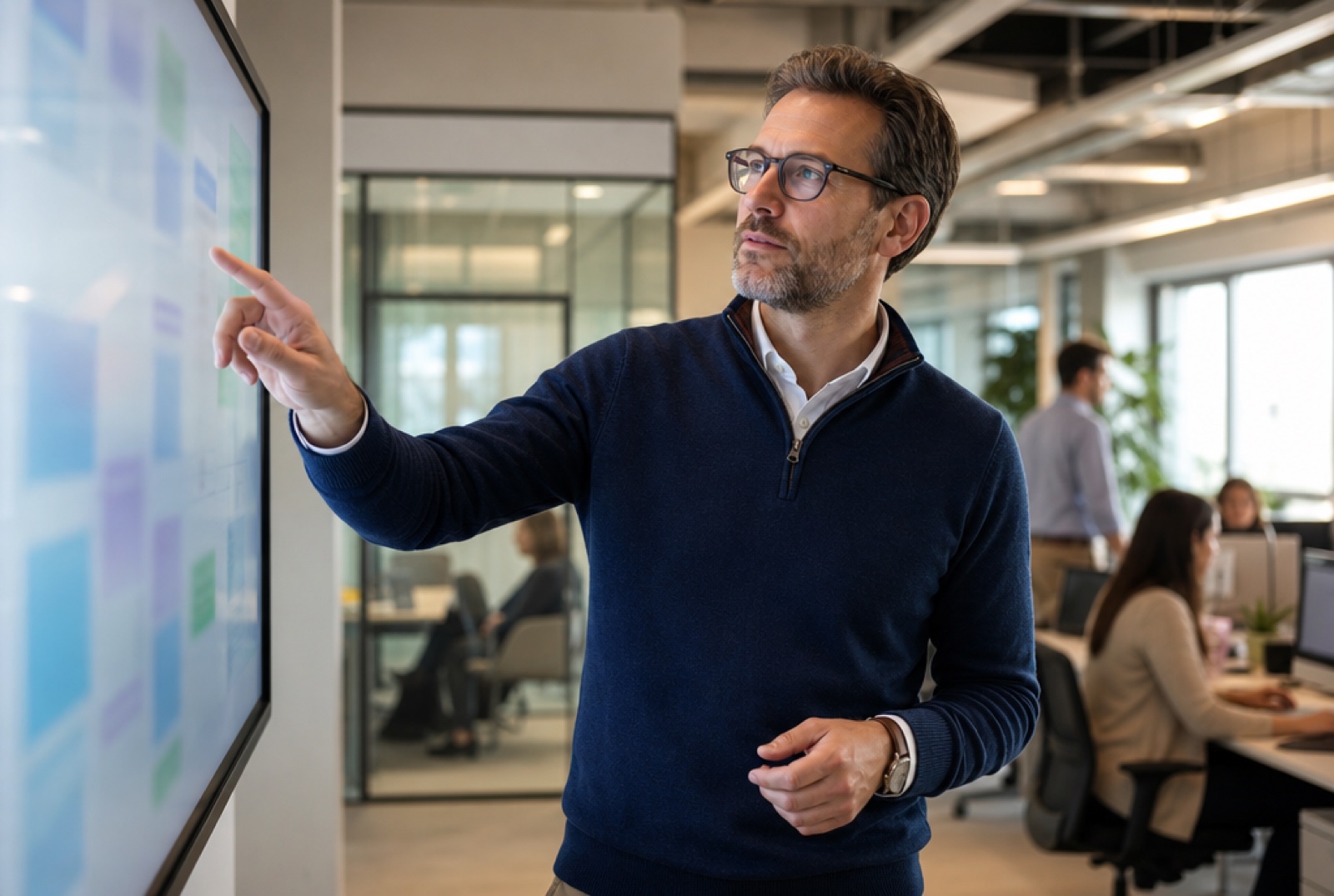 An HR leader mapping role competencies on a large touchscreen in a bright modern office