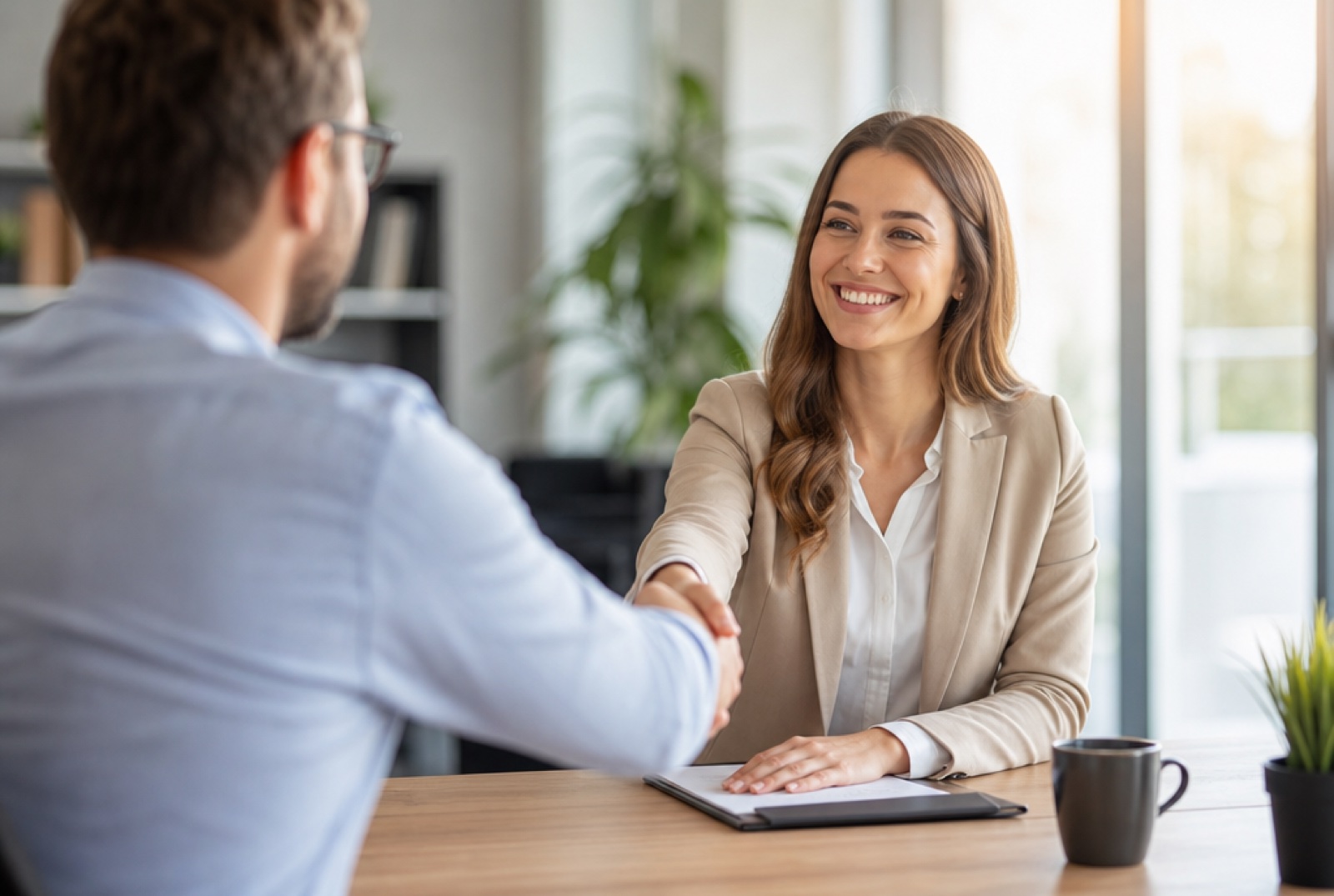 A manager warmly welcoming a smiling new hire at a bright office desk on their first day