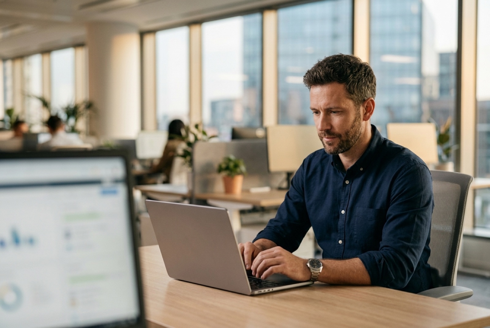 An IT security lead reviewing threat activity on a laptop in a calm modern office