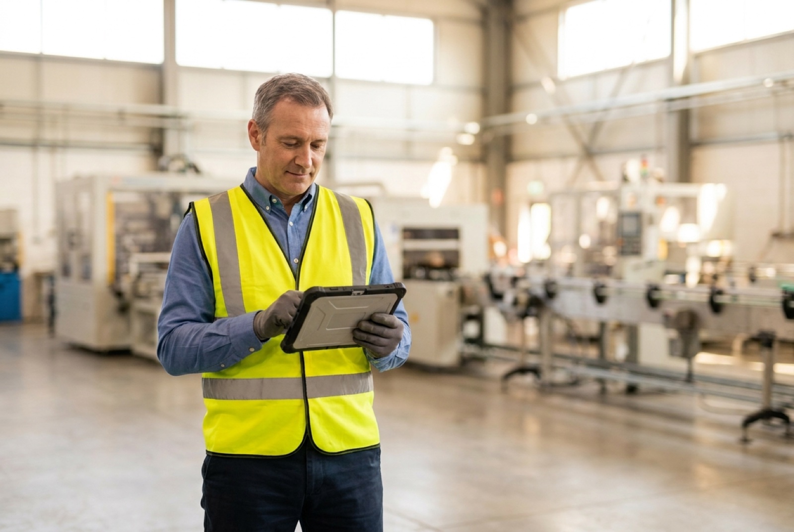A safety manager in a hi-vis vest reviewing safety data on a tablet on a clean manufacturing floor