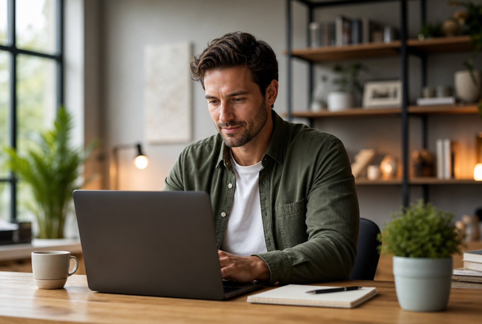 A course creator building a lesson on a laptop at a desk in a warm, softly lit creative studio