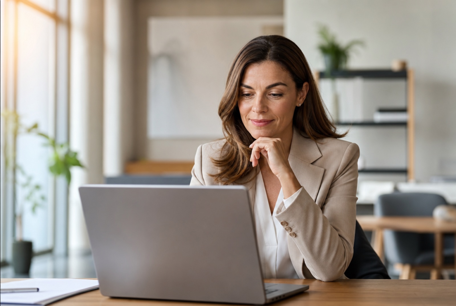 A hiring manager reviewing candidate assessment results on a laptop in a calm, bright office